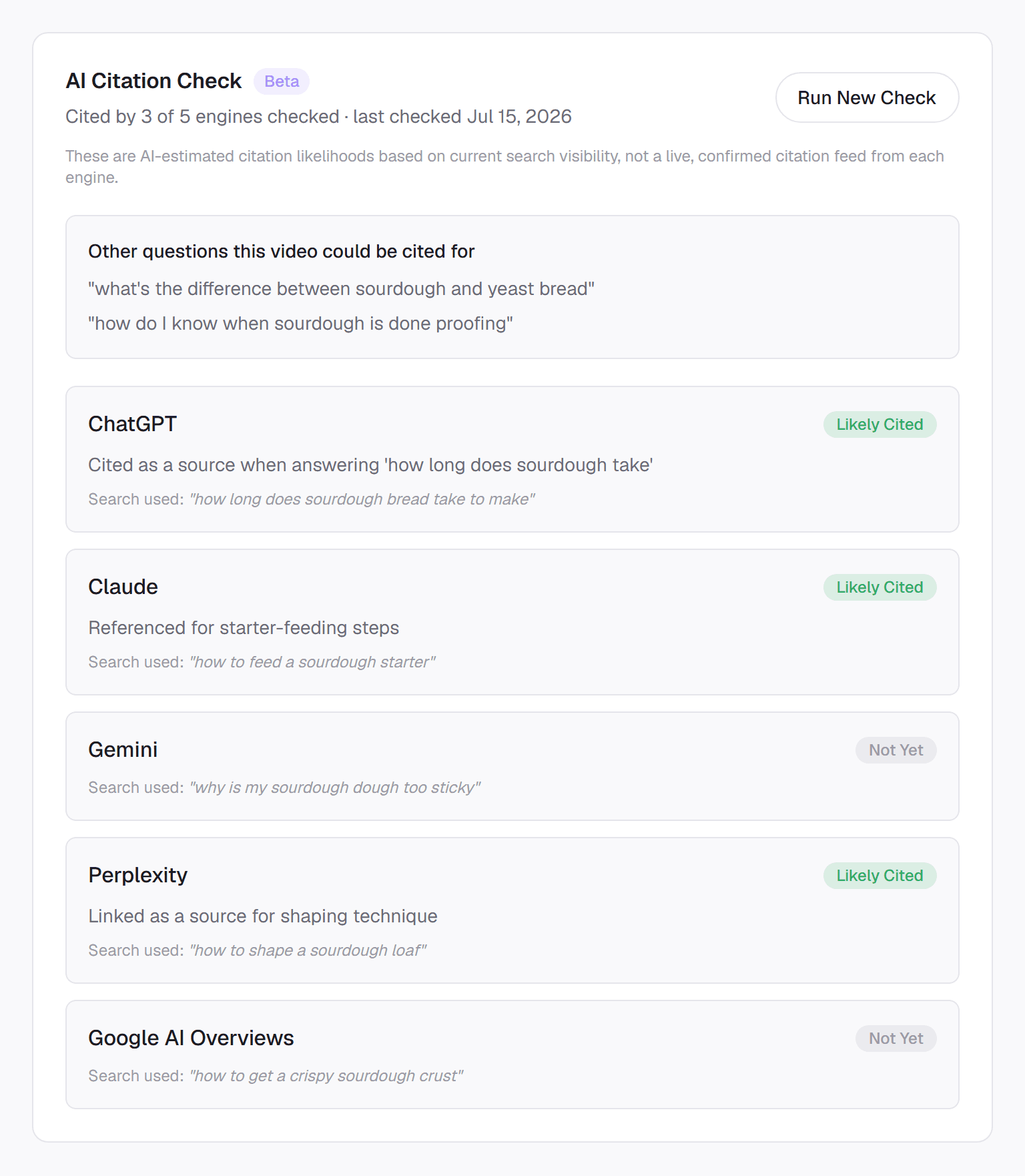 VidAEO AI Citation Check results showing a per-engine breakdown of whether ChatGPT, Claude, Gemini, Perplexity, and Google AI Overviews are citing a video