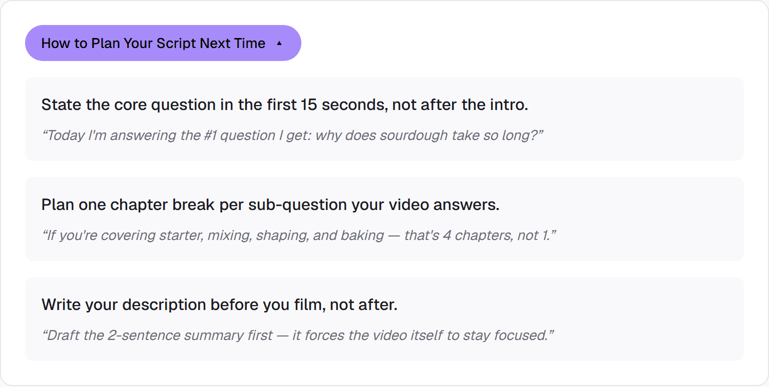 VidAEO Script Planning Coach panel showing concrete script tips with real examples for structuring your next video